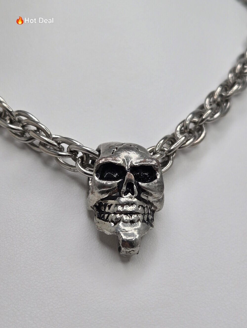 Gothic Skull Pendant Necklace Heavy Silver Tone Chain Punk Biker 29"